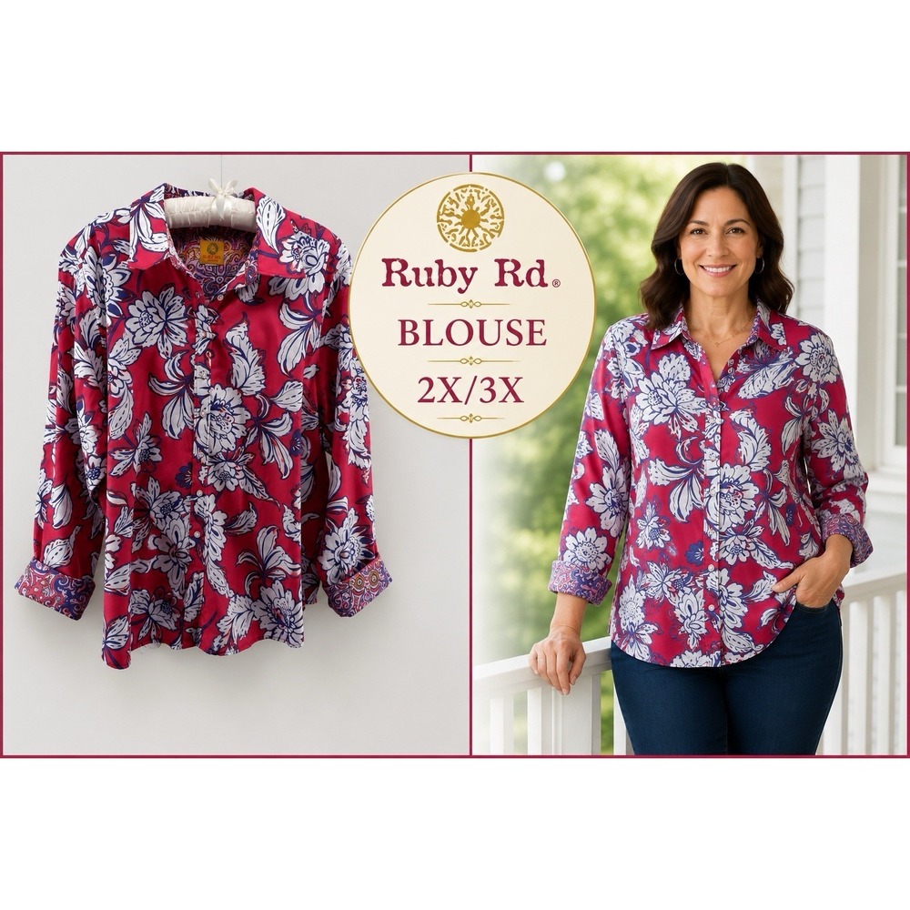 Ruby Rd Womens 2X/3X Plus Button Front Shirt Blue Red Paisley Wrinkle Resistant